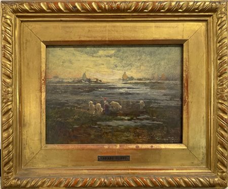 Filippo Carcano "Pastorella con gregge" 
olio su tavola (cm 20x28)
firmato in ba