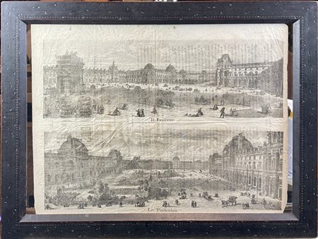 Volantino litografico con fronte raffigurante il Louvre et le Teuleries. Al ret