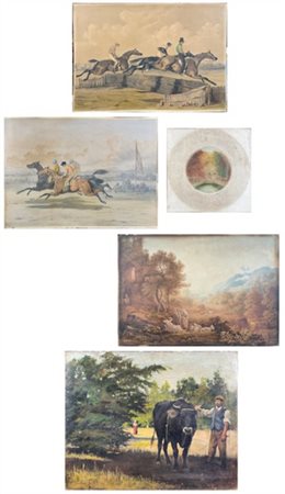 Lotto composto da un dipinto raffigurante contadino con mucca, un acquerello in