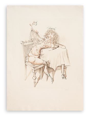 HANS BELLMER (1902-1975) - Senza Titolo (Poupée désarticulée assise à table tenant une pomme)