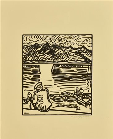 Amleto Del Grosso SCENA DI PORTO xilografia, cm 44x32 firma e firma in lastra