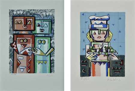 Ibrahim Kodra COPPIA DI SERIGRAFIE SENZA TITOLO serigrafia, cm 35x25; es....