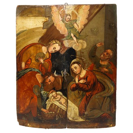 Natività con adorazione dei pastori e angelo in testa al centro , 17° secolo