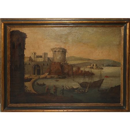 Paesaggio portuale con fortificazione e torre, 17° secolo