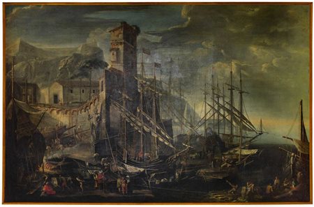 Cornelis  De Wael (Anversa 1592 - Roma 1667)  - Capriccio di un porto fortificato con arsenale e personaggi 