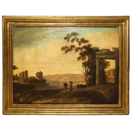 Paesaggio fluviale con quinta arborea, architetture e personaggi in cammino., 17°/18° secolo, landscape painter