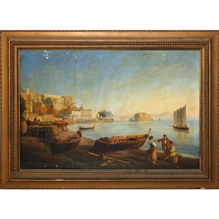Marina di Napoli con castello, barche e personaggi, 19° secolo