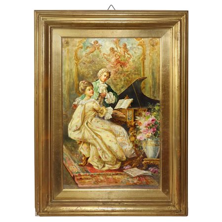 Gaetano  Emanuele (Catania 1876 - 1953)  - Scena galante con dama al piano, fine 19° secolo