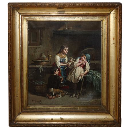 Eugenio Zampighi (1859 - Maranello 1944)  - Scena d'interno con bambini e gatto