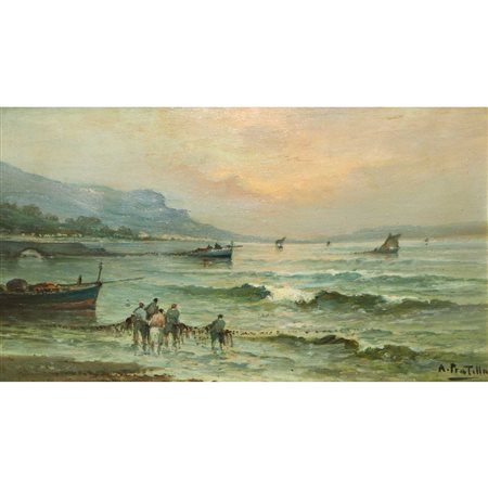 Attilio Pratella (Lugo Di Romagna 1856 - Napoli 1949)  - Marina con barche e pescatori 