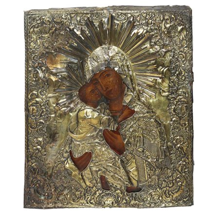 Icona russa raffigurante Madonna con bambino con riza in argento, St. Petersburg, fine 18° secolo