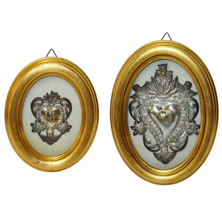 Coppia Ex Voto in argento in cornice ovale dorata