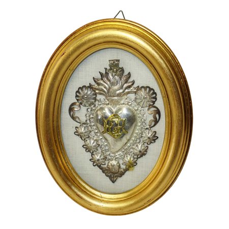Ex Voto in argento 800 in cornice ovale dorata