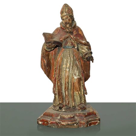 Vescovo con libro, scultura lignea dorata e policroma, 18° secolo