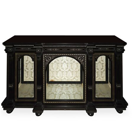 Mobile ebanizzato nero con intarsi in osso e piedi a cipolla