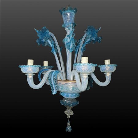 Lampadario in vetro di Murano azzurro a 5 luci, 19° secolo