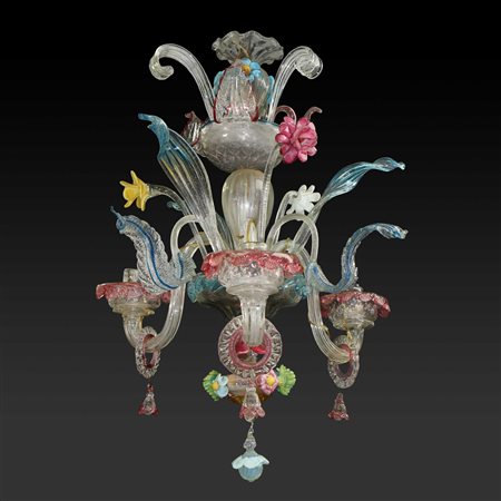 Piccolo lampadario in vetro di Murano policromo a 3 luci stile Ca'rezzonico