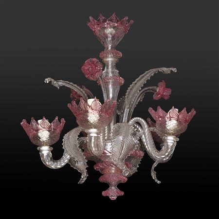 Lampadario in vetro di Murano a 5 luci trasparente e rosa, primi 20° secolo