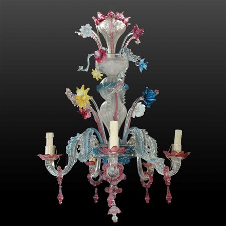 Lampadario policromo in vetro soffiato di Murano ca'rezzonico a 5 luci con singolo giro di luci, 18°/19° secolo