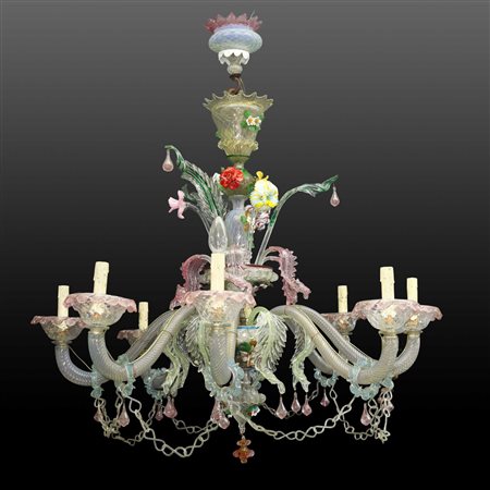 Grande lampadario policromo ca'rezzonico in vetro soffiato di Murano a 8 luci , 18°/19° secolo