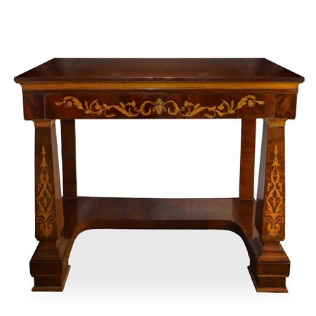 Consolle Carlo X in legno di piuma di mogano con intarsi in legni chiari, piedi a balaustra intarsiati, Sicily, first quarter of the 19° secolo