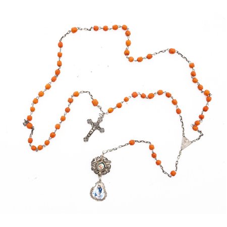 ROSARIO in corallo, argento e metallo con smalti