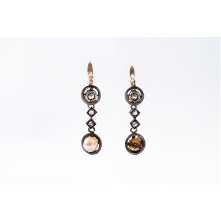 ORECCHINI in oro giallo 9 KT e argento con diamanti e perla