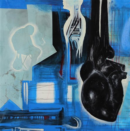 Riva Denis Cuore Nero, 2007 acrilico e collage su tela, cm. 100x100 firmato e...