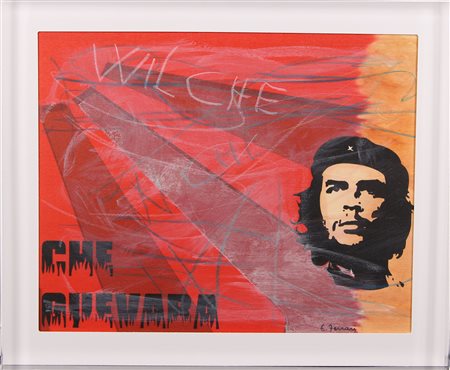 Ferrari Enzo Che tecnica mista su tavola entro teca di plexiglass, cm. 50x60...