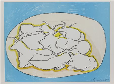 Cesetti Giuseppe Buoi litografia su carta, cm. 50x70, es. 67/100 firmata in...