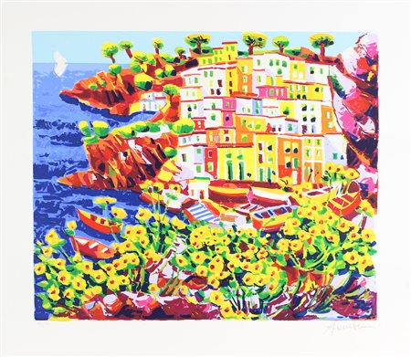 Faccincani Athos Fiori di Roccia a Riomaggiore serigrafia polimaterica a 36...