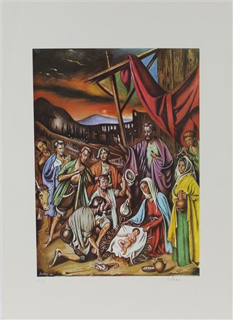 Sciltian Gregorio Natività litografia su carta Fabriano, cm. 70x50, es. P.A....
