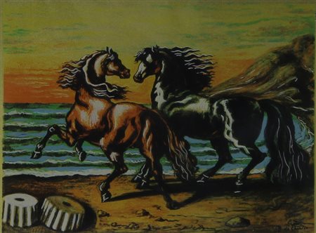 Breus Dan Omaggio a De Chirico serigrafia su lastra dorata, cm. 18x24, es....