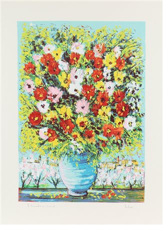 Ialenti Antonio Vaso di Fiori litografia ritoccata a mano su carta Fabriano,...
