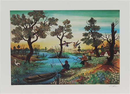 Kesic Slobodan Pescatori litografia su carta, cm. 45x60, es. PA. firmata in...