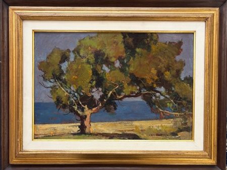 Ludovico Tommasi Livorno 1866 - Firenze 1941Marina con alberi