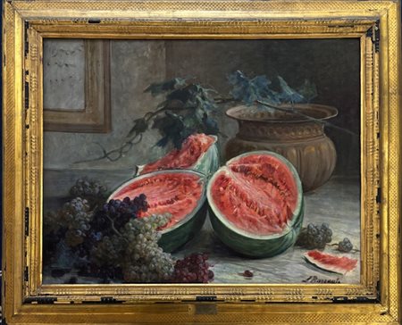 Licinio Barzanti Forlì 1857 - Como 1944 Natura morta con angurie e uva 