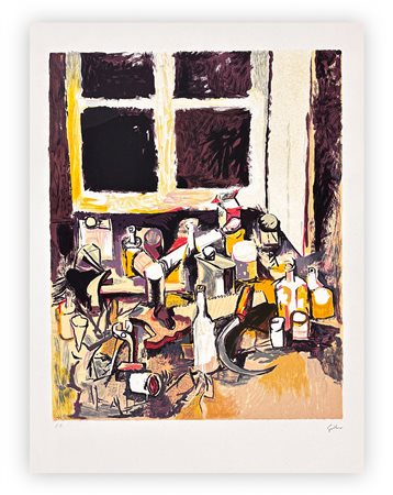 RENATO GUTTUSO (1912-1987) - Oggetti sul tavolo e finestra di sera, 1982