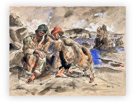 LUIGI  SURDI (1897-1959) - Marina con pescatori, 1957