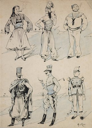 AUTORE NON IDENTIFICATO - Scena con personaggi in abito militare di vari paesi.