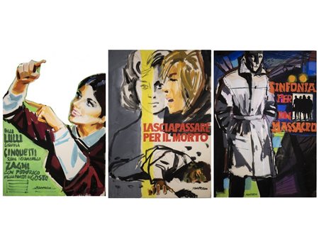 Acerbo Manfredo (1913 - 1989) - Tre bozzetti cinematografici rispettivamente di Sinfonia per un massacro di Jacques Deray, Lasciapassare per il morto di Mario Gariazzo con Alberto Lupo e Testa di rapa di Giancarlo Zagni.