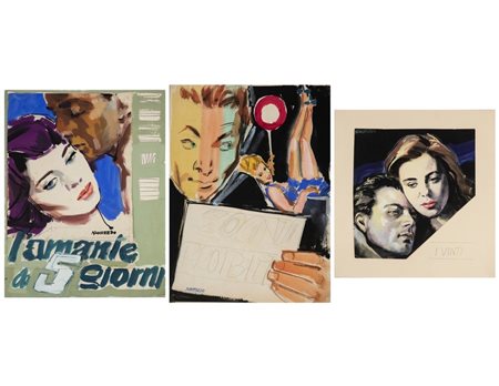 Acerbo Manfredo (1913 - 1989) - Tre bozzetti per tre film. Rispettivamente: Sogni Proibiti, I Vinti di Michelangelo Antonioni (episodio italiano) e L'amante di 5 giorni con Jean Seberg e Jean Pierre Cassel.