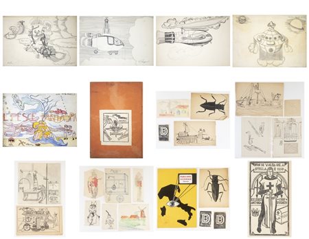 Disertori Andrea (n. 1927) - Busta a sorpresa: libro a fumetti "Il pesce fantasma" e altri sketches, disegni ed exlibris. .