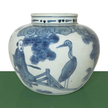 Vaso dipinto nei toni bianco e blu con personaggi, Qing dinastia, Cina 19° secolo.