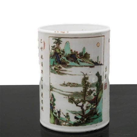 Vaso cilindrico  cinese con rappresentazione di uccelli e iscrizione, primi 20° secolo