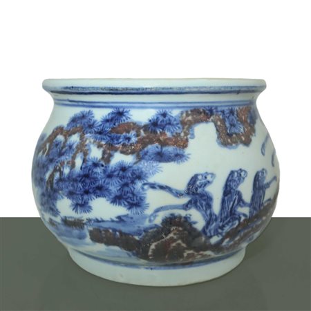 Bruciatore di incenso nei toni blu e bianco con figure, Qing dinastia, 19° secolo.