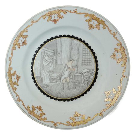 Piatto in porcellana cinese con decori lungo in bordo, con raffigurazione giovane donna, exported to Europe during the 18° secolo