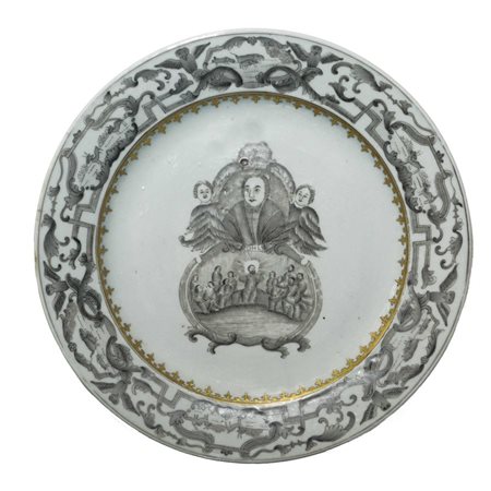 Piatto in porcellana cinese con decori lungo in bordo sul fronte raffigurazione di Martin Lutero 