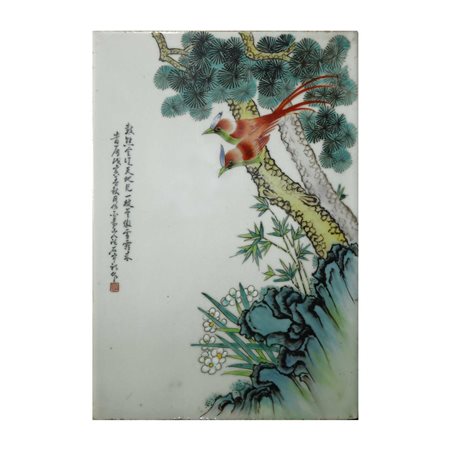 Mattonella cinese in ceramica con raffigurazione di albero con uccelli e iscrizioni, 20° secolo