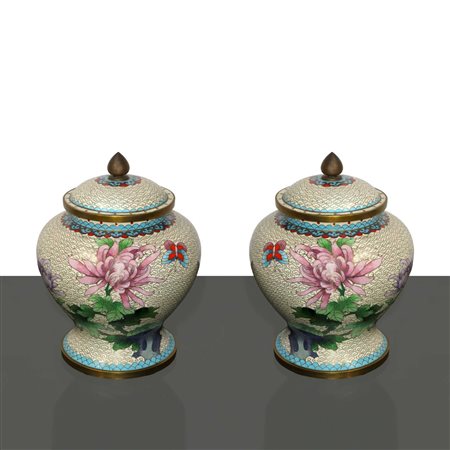 Coppia di poutiche cinesi cloisonne con raffigurazioni floreali, 20° secolo